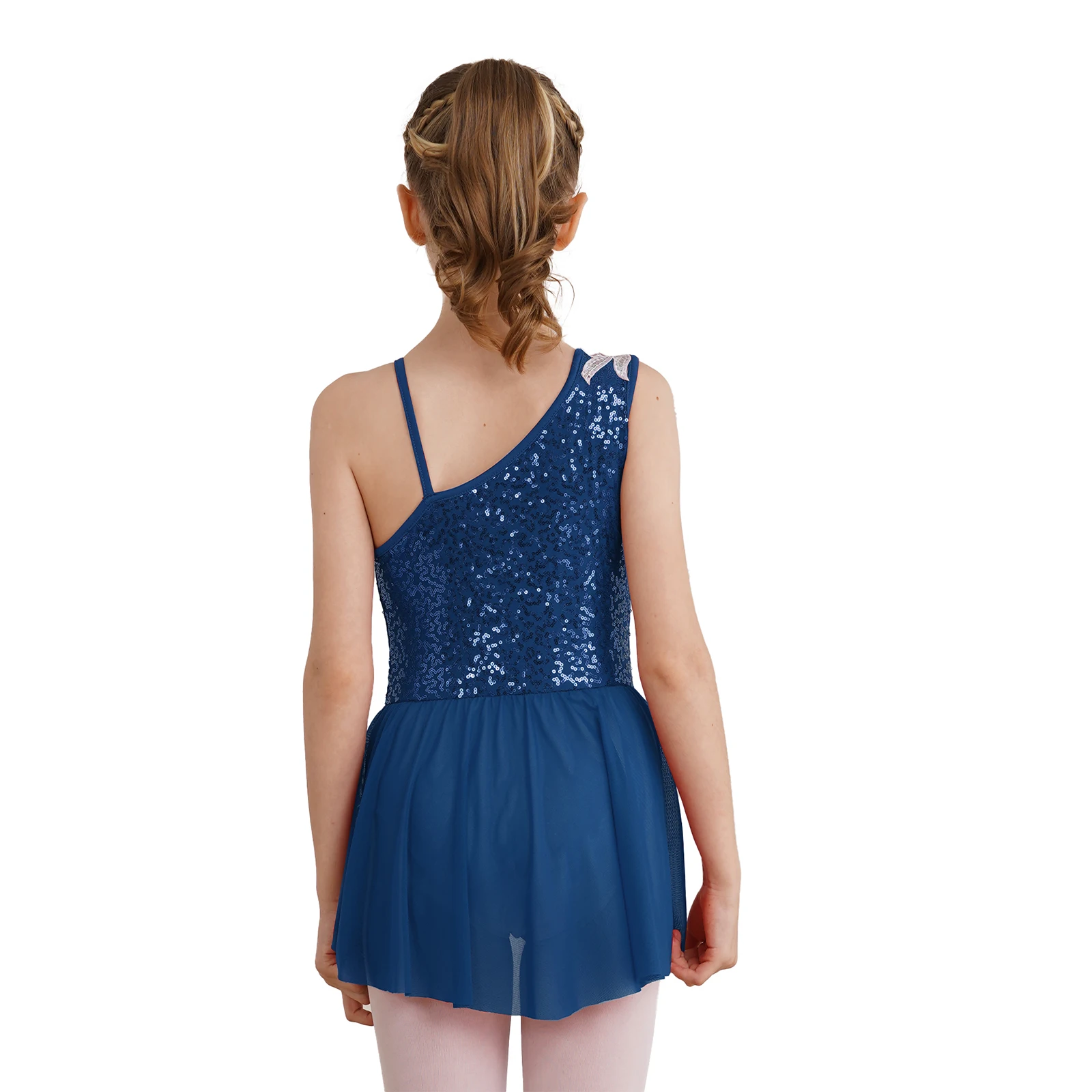 Bambini ragazze senza maniche Sparkle Tutu Dress Performance Dancewear Ballet Dance body spalla obliqua paillettes vestito da ballo