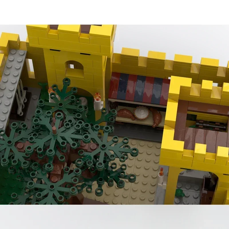 Briques de château jaune classiques de noël, forteresse militaire médiévale, blocs d'architecture de chevalier plus fort, château de briques modulaires moc