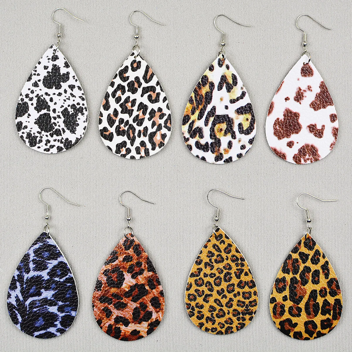 2024 European and American popular leopard print cow print water drop PU leather earrings