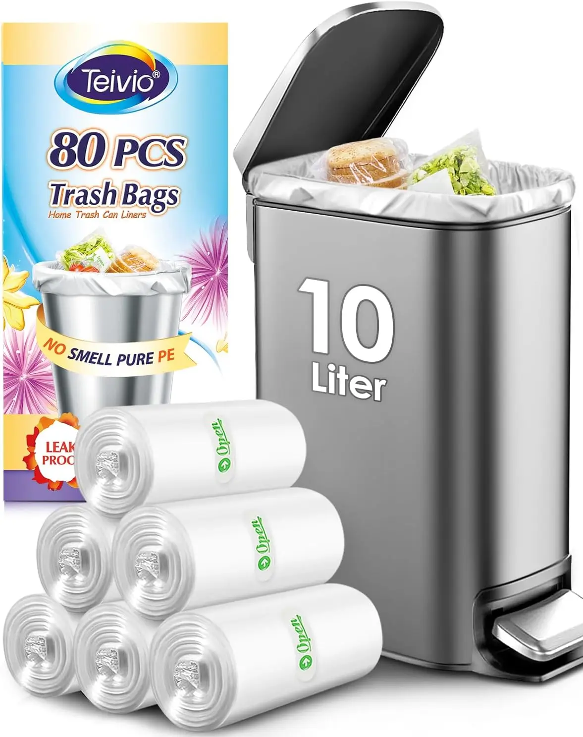 Bolsas de Basura Resistentes de 2.6 Galones, 80 Unidades, Aptas para Contenedores de 10 Litros a 3 Galones, para Hogar, Oficina, Cocina, Transparentes