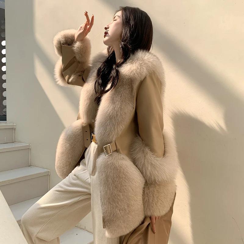 2024 New Real fur,Gorgeous Genuine Sheepskin Leather Jacket Streetwear Real Fox Fur Collar natural fur coats