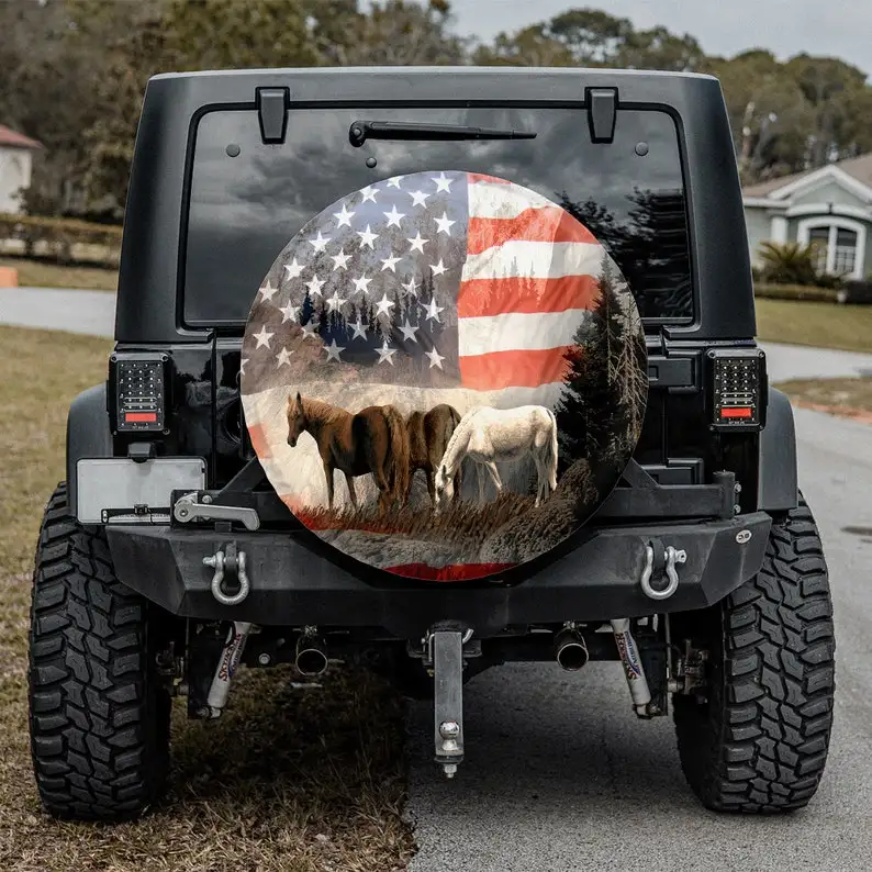 

Unique Spare Tire Covers, Horses Mountain US Flag Spare Tire Cover With Or Without Backup Camera Hole, Tire Cover Car, Camping G