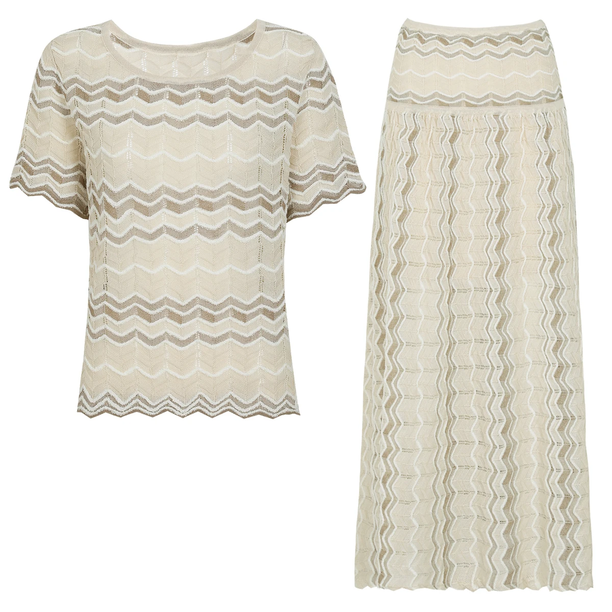 26256 High‑Quality Women Summer 2‑Piece Set Wavy Pattern Round Neck Knitted Top And Skirt Commuter Elegant Outfit