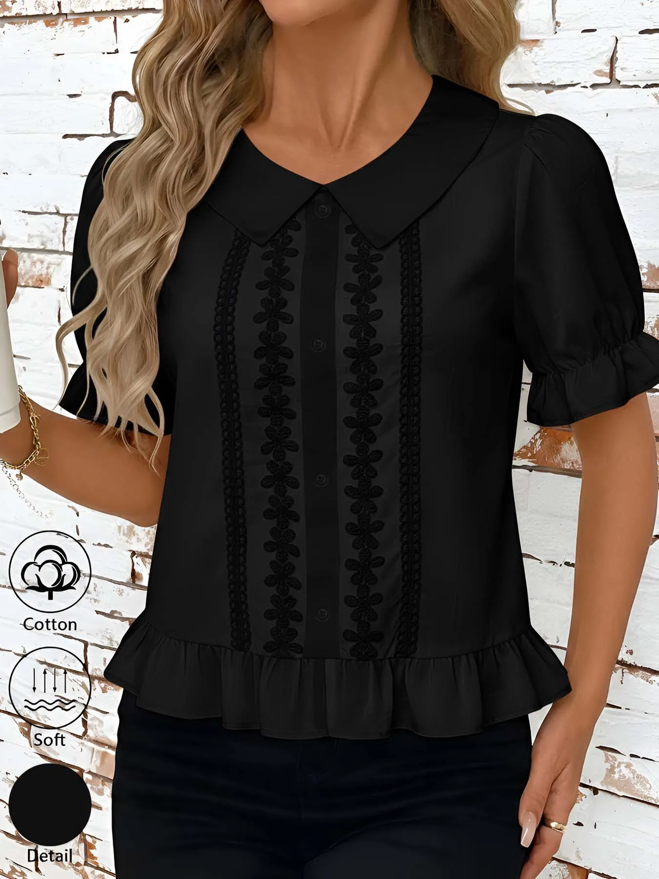 Elegant Women's 100% Cotton French Vintage Peter Pan Collar Shirt – Slim-Fit Top with Lace Patterns and Ruffled Cuffs