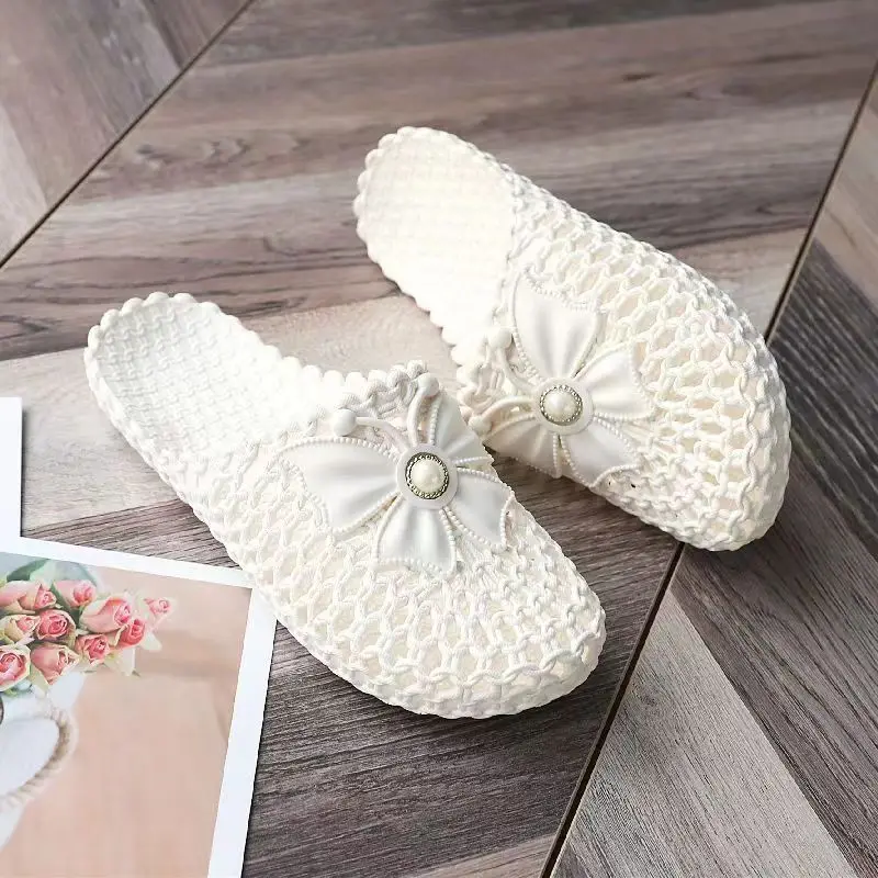 Summer Women\'s Baotou Hollow Out Casual Slippers Soft Bottom Non Slip Home Casual Slippers Bow Beach Slippers Bathroom Slippers