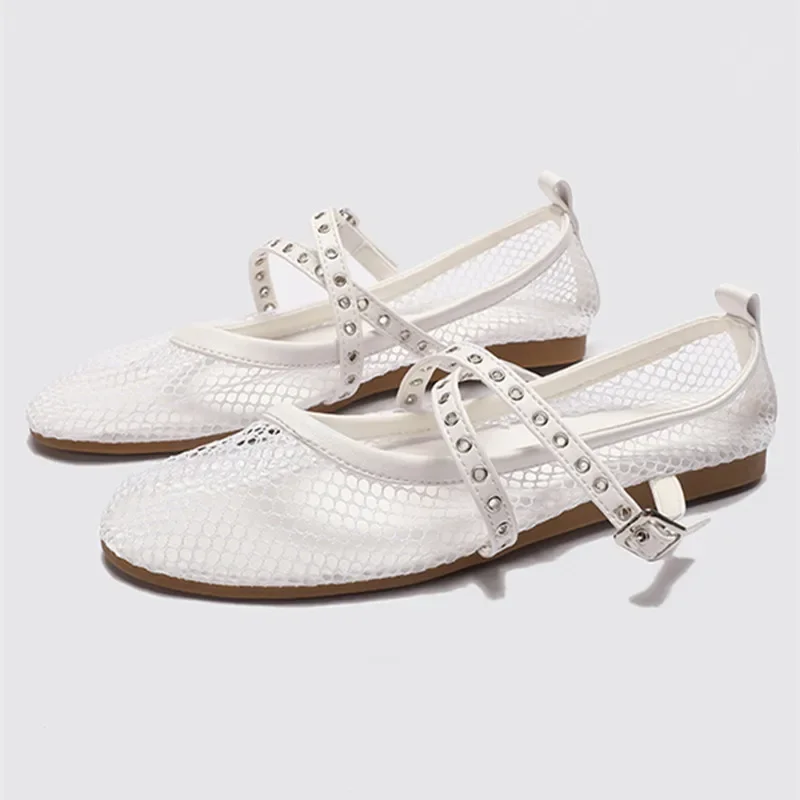

Белые сетчатые полые балетки, женская летняя легкая дышащая повседневная обувь для женщин, роскошный ремень с пряжкой и ремешком Мэри Джейн