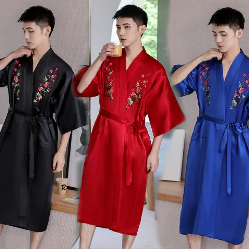 

Hot Sale New Style Chinese Men Women Satin Silk Robe Embroidery Kimono Bath Gown Comfortable Casual Long Pajamas Size M L XL XXL