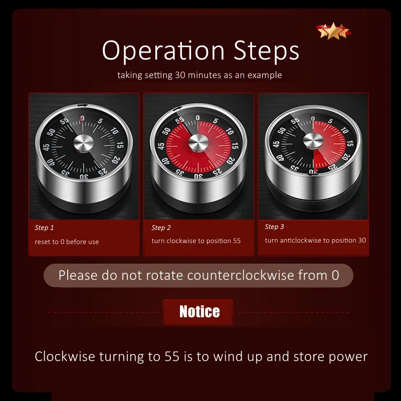Mechanical Power Source Kitchen Timer Magnetic Suction Back Cooking Reminder 60db Ringtone Alarm 60min Clock for Fitness