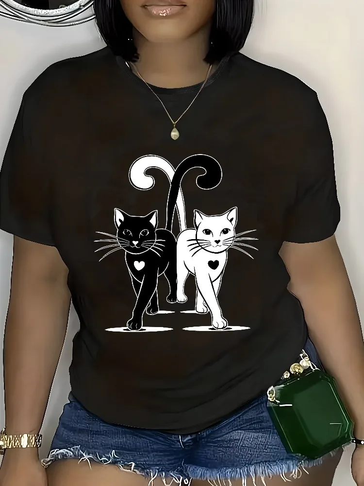 

Womens Cat Print T-Shirt Short-Sleeve T-Shirt for Women Comfortable Casual Wear for Spring Summer and Fall Optimistic Cat Design