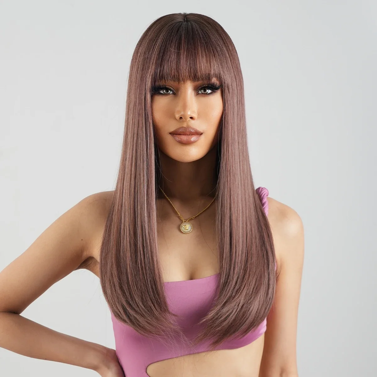 Pink Light Purple Cosplay Synthetic Long Straight Brown Bangs for Women Daily Party Heat Resistant Wigs