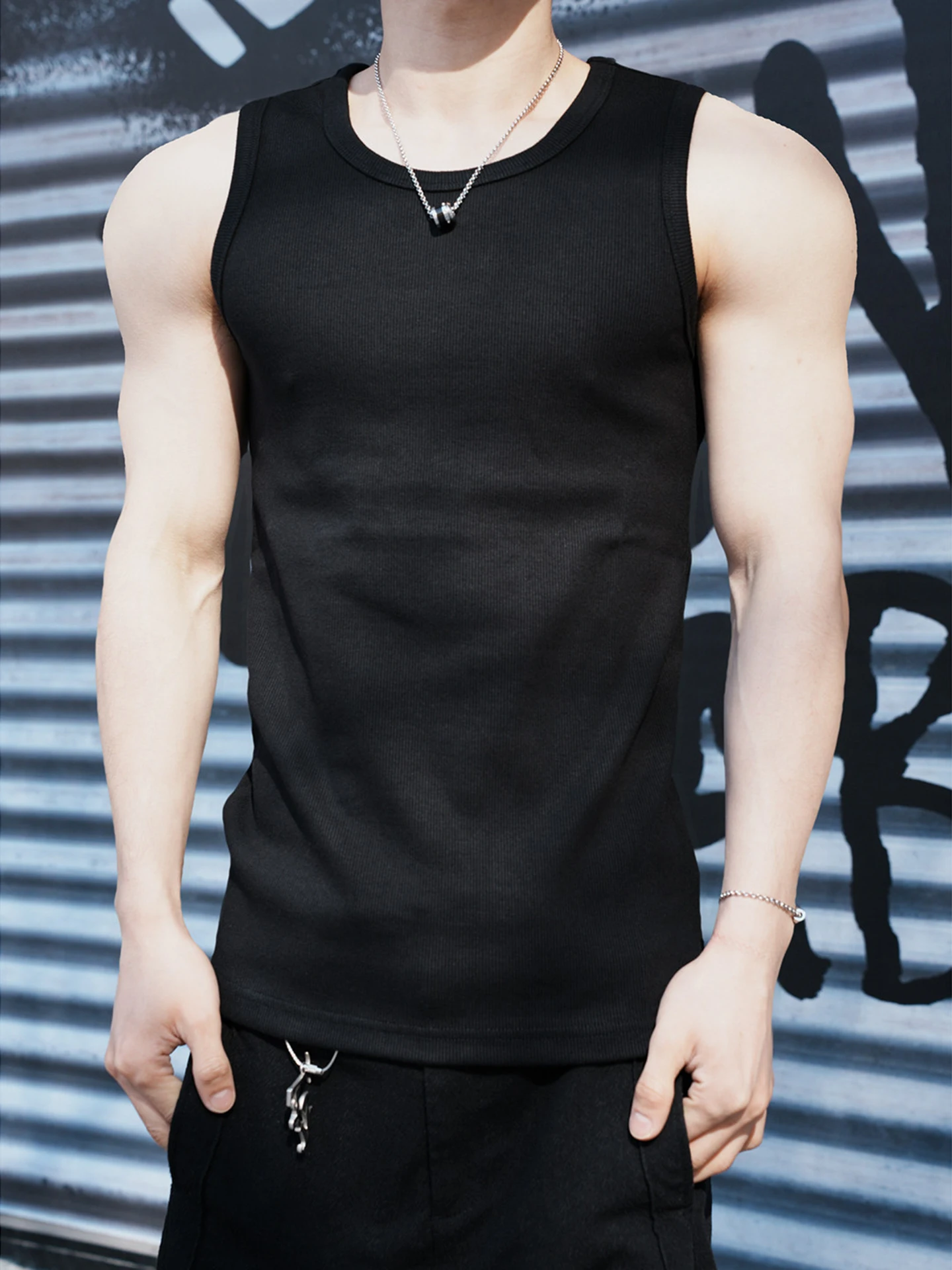 Black Ribbed Men's Sports Vest Summer Outdoor Wear Slim Fit Elastic Sleeveless T-Shirt American Style Fitness Training Tank Top