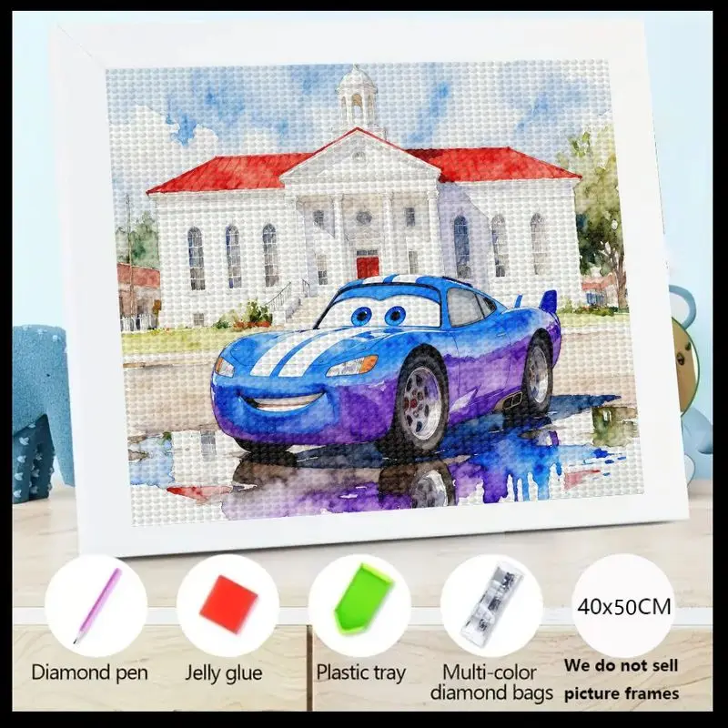 

1PC 5D DIY Diamond Painting Kit, Vibrant Cartoon Blue Race Car with Scenic Church Background, Full Drill Round Rhinestone Crysta