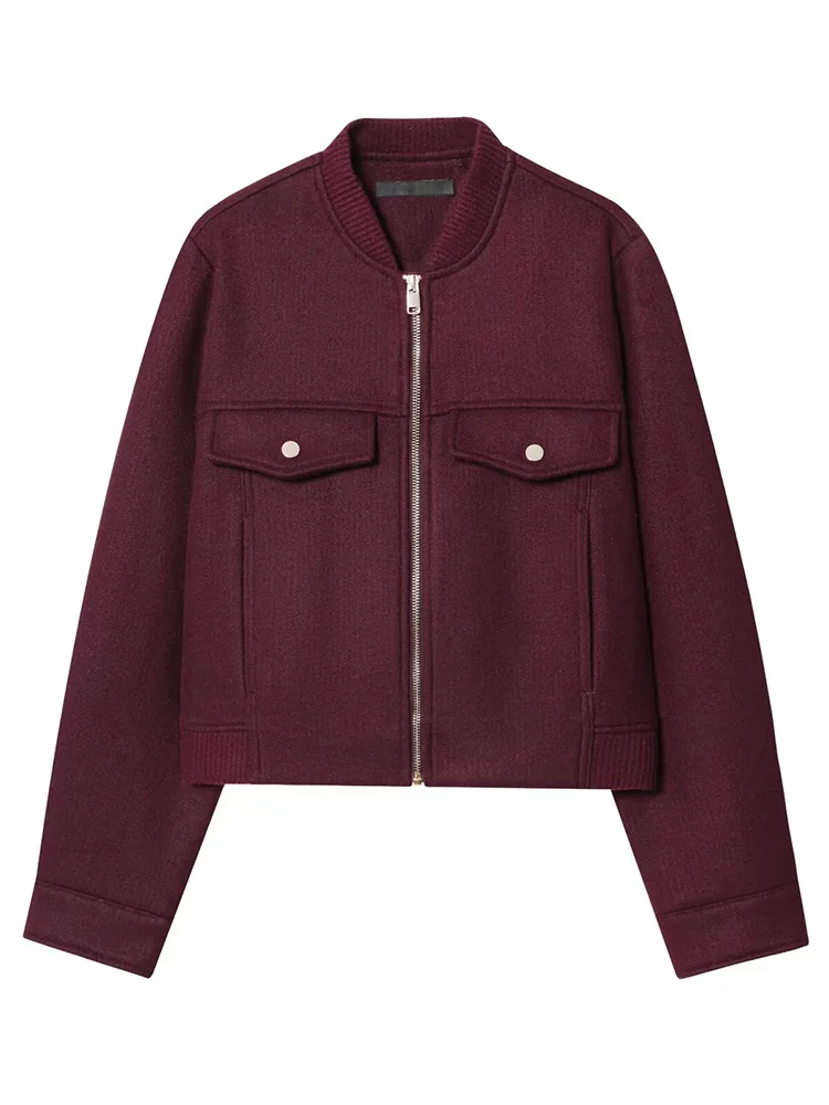 

European style new women's fashion versatile temperament solid color round neck zipper soft short jacket