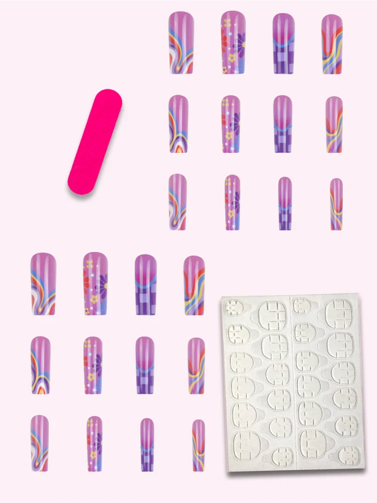 24Pcs Press On Nails Long Coffin Pink Y2K Flower Checkerboard Swirl Fake Nails Acrylic False Nails for Women Girls