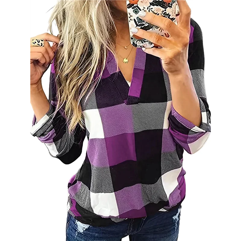 FX- Camicie da lavoro basic casual da donna con scollo a V e stampa scozzese con risvolto a maniche lunghe