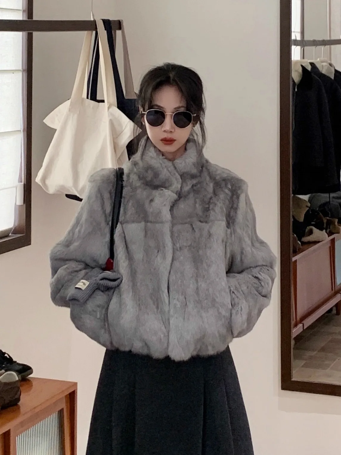 

Ele Rabbit Fur Coat Women's Autumn Winter New Sle Korean ey Long Sve Stand Collar Warmth ort Length Faionable