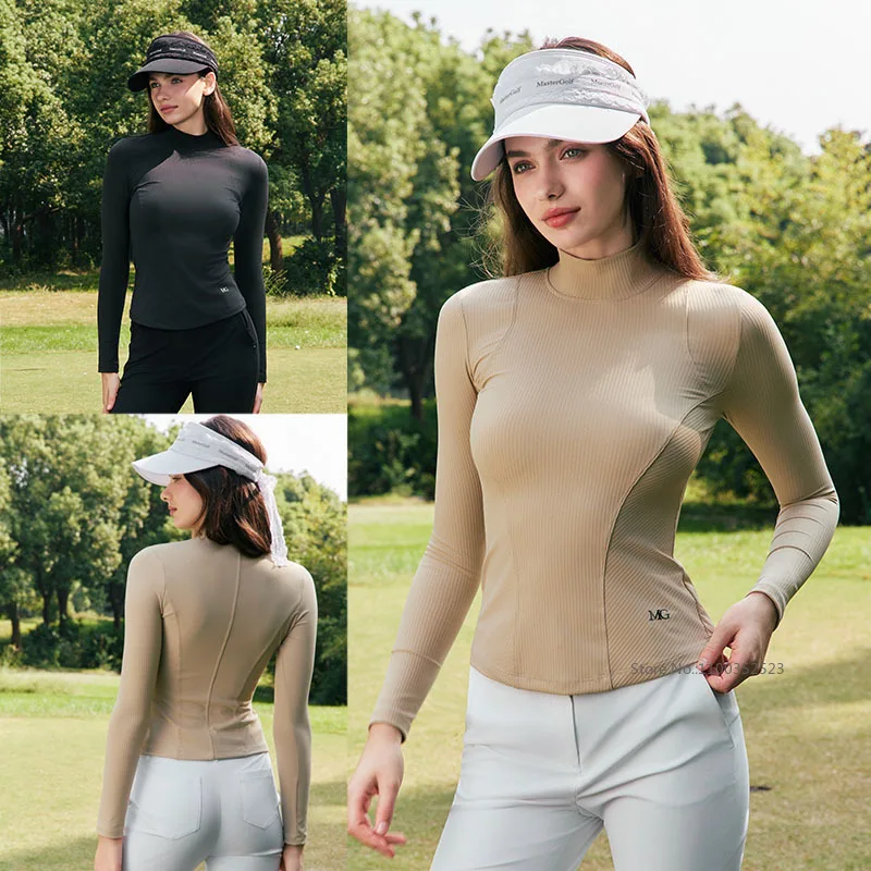 MG Autumn Winter Women Golf Slim Tops 3D Cutting Long Sleeve Shirts High Neck Soft Stretch Base T-Shirts Leisure Golf Apparel