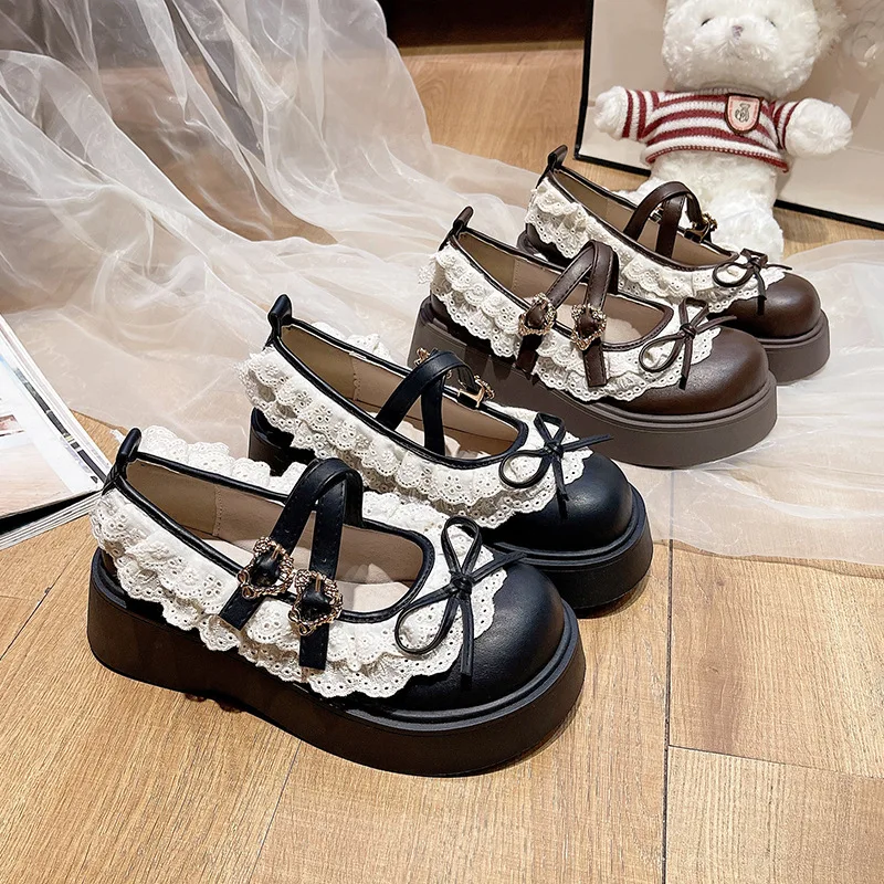 

Women's Round Toe Shallow Lace Cross Straps, Buckle, Bow Mid-heel Fashion Single Shoes Outdoor Lolita, Ladies Mary Jane Shoes