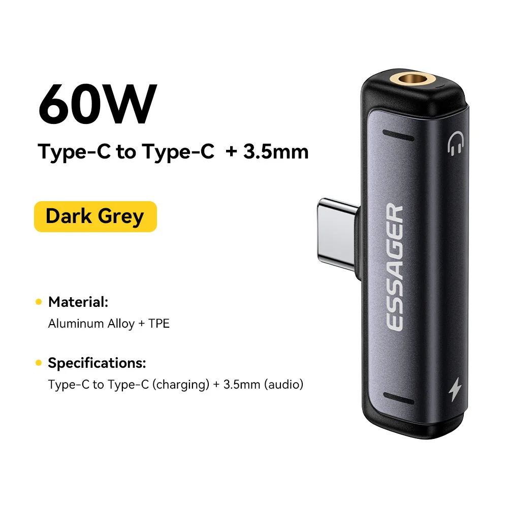 Essager 2-in-1 OTG-Adapter USB Typ-C zu USB-C/3,5mm Kopfhörer-Adapter Kopfhörer-Audio-Aux-Konverter 60W Schnellladung für iPhone 17