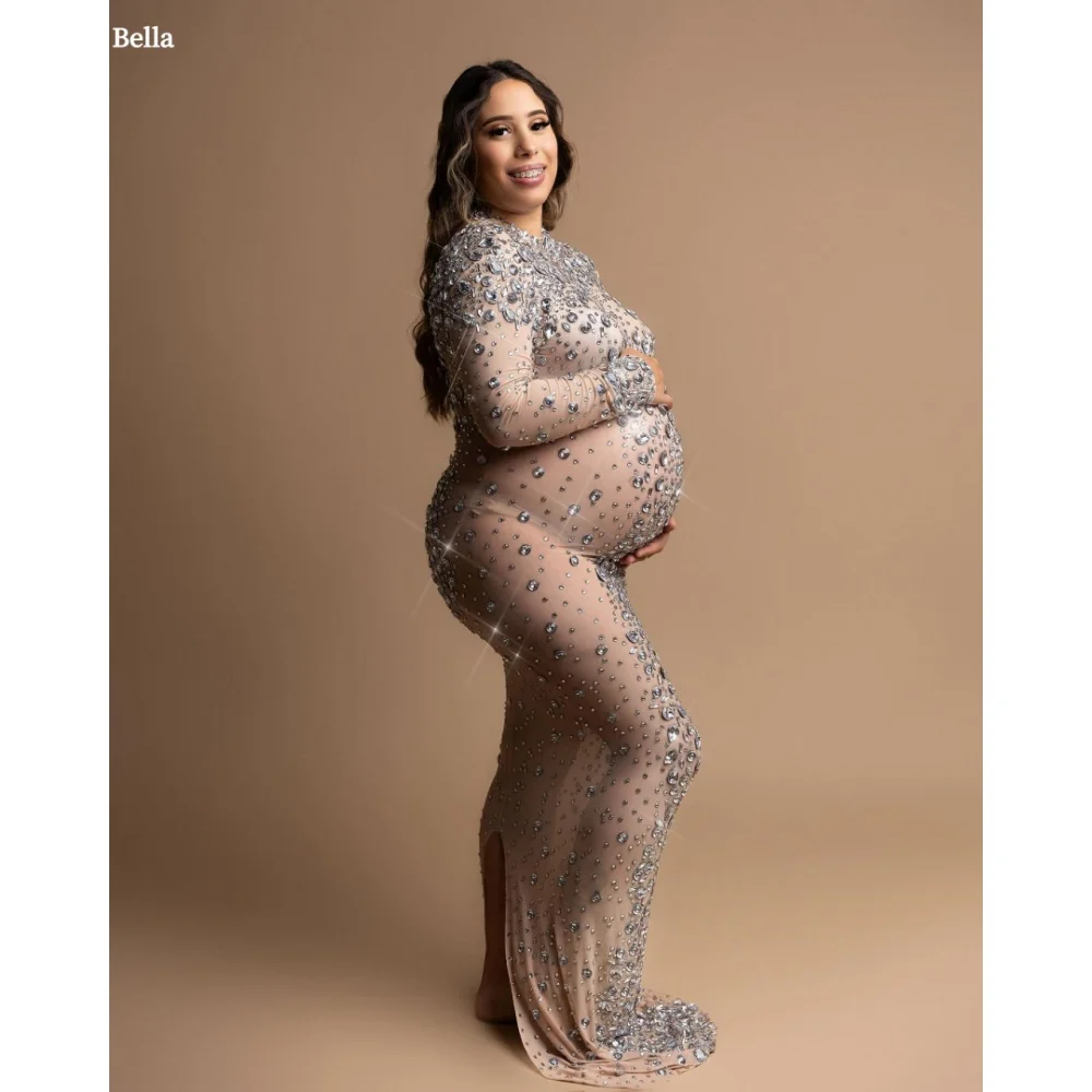 Bella Customize Maternity Robe Glitter robes de soirée Long Sleeves O-Neck Prom Dresses Floor-Length Lace Wedding Dress 2025