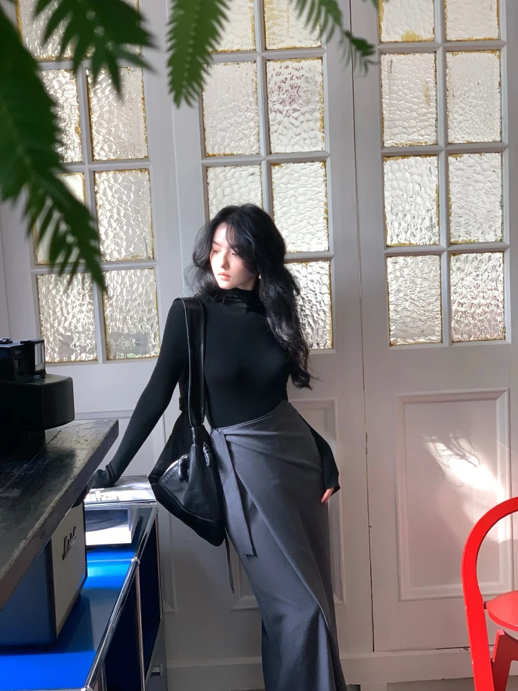 

Юбка макси с высокой талией и разрезом в стиле ретро, осень 2024, с поясом-завязкой, женская модная юбка для офиса/повседневной носки