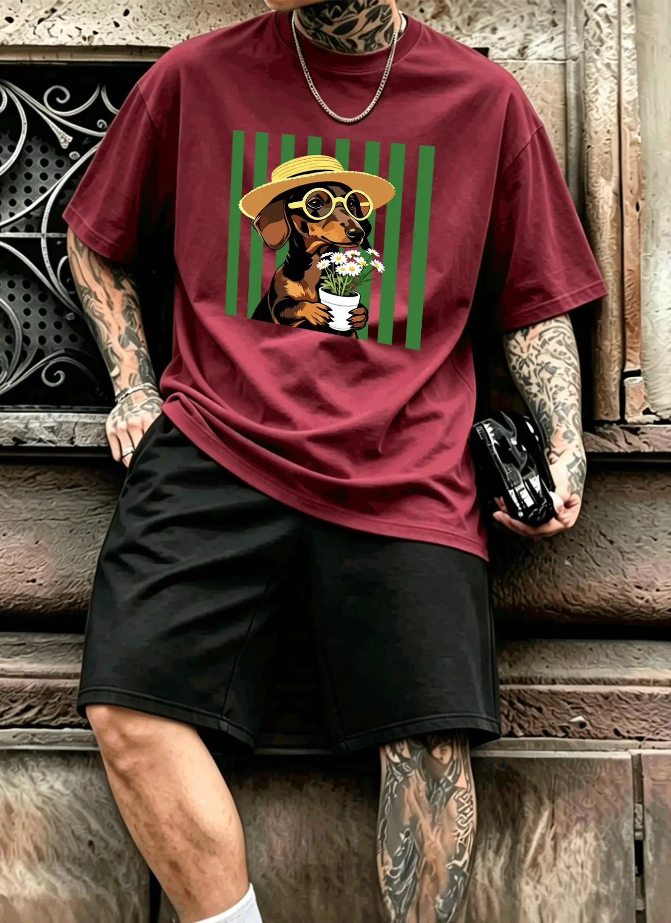 Dachshund Dog Daisy Flower Print Men'S T-Shirt Cotton Hip Hop Family T Shirt All-Match Summer Clothing Loose Casual Sportswear