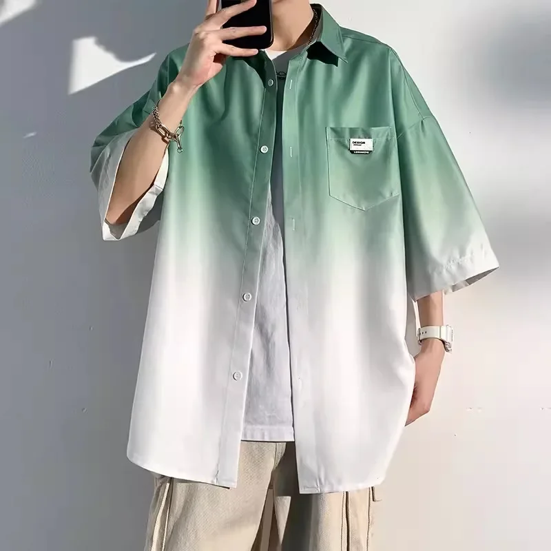 남성용 아이스 실크 셔츠, 반팔, 한국 스타일, 포켓 싱글 브레스트 상의, 얇은 통기성, 하라주쿠 아우터, 2024 여름