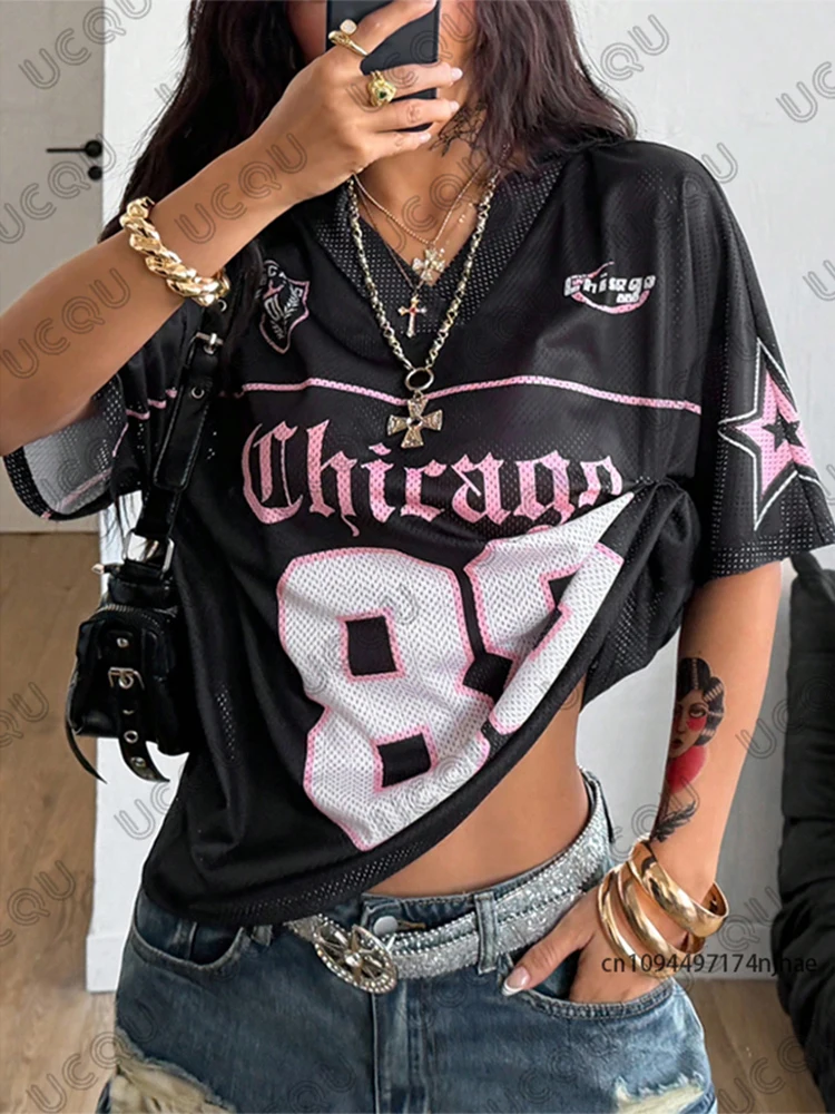 Camiseta de Verano con Estampado de Chicago No.88 para Mujer, Cuello en V, Manga Corta, Estilo Deportivo, Jersey de Fútbol, Estilo Y2K, Holgada y Extra Grande
