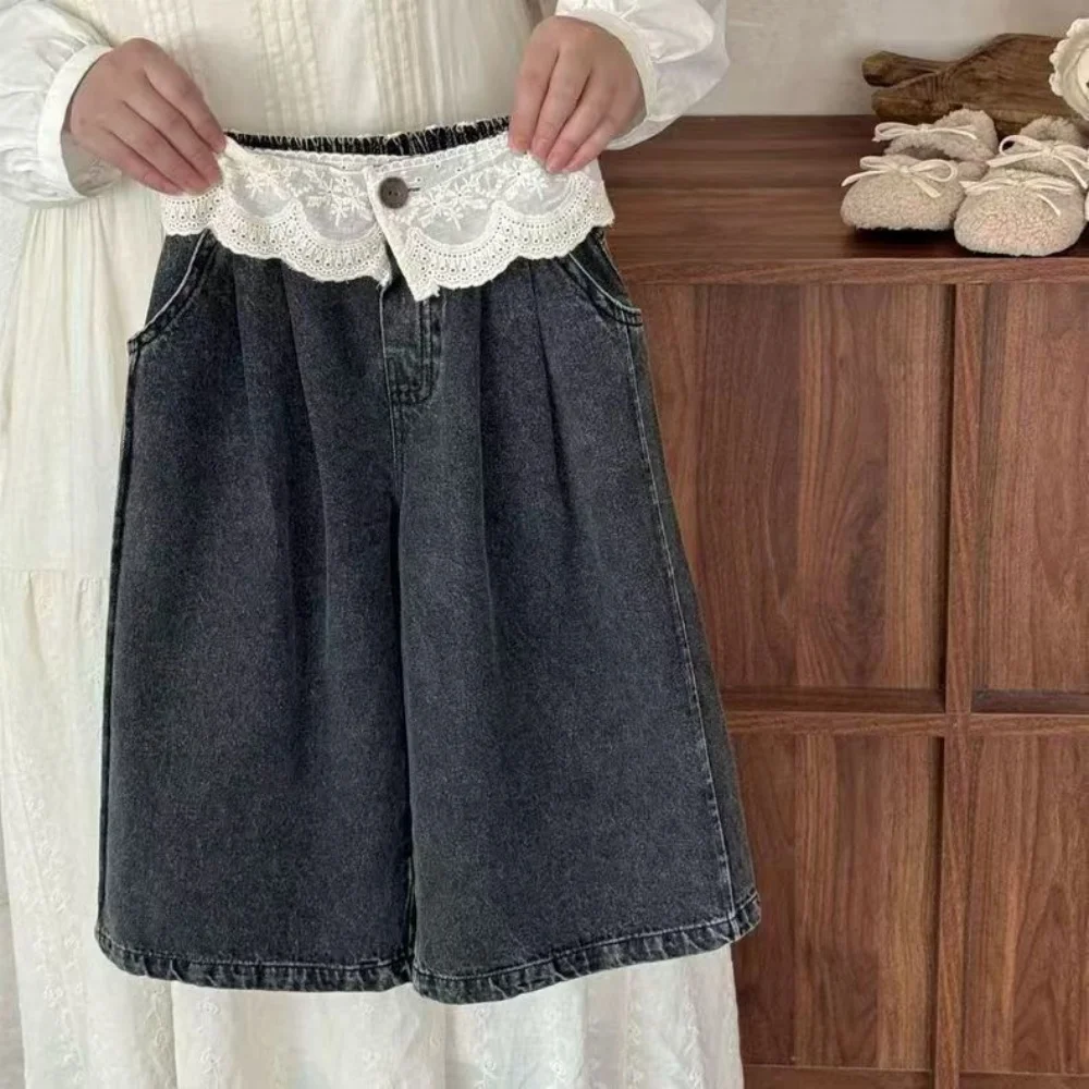 

Girls' 2025 Spring And Autumn New Korean Edition Loose Western Style Lace Lace Butt Curtain Jeans Straight Leg Wide Leg Pants