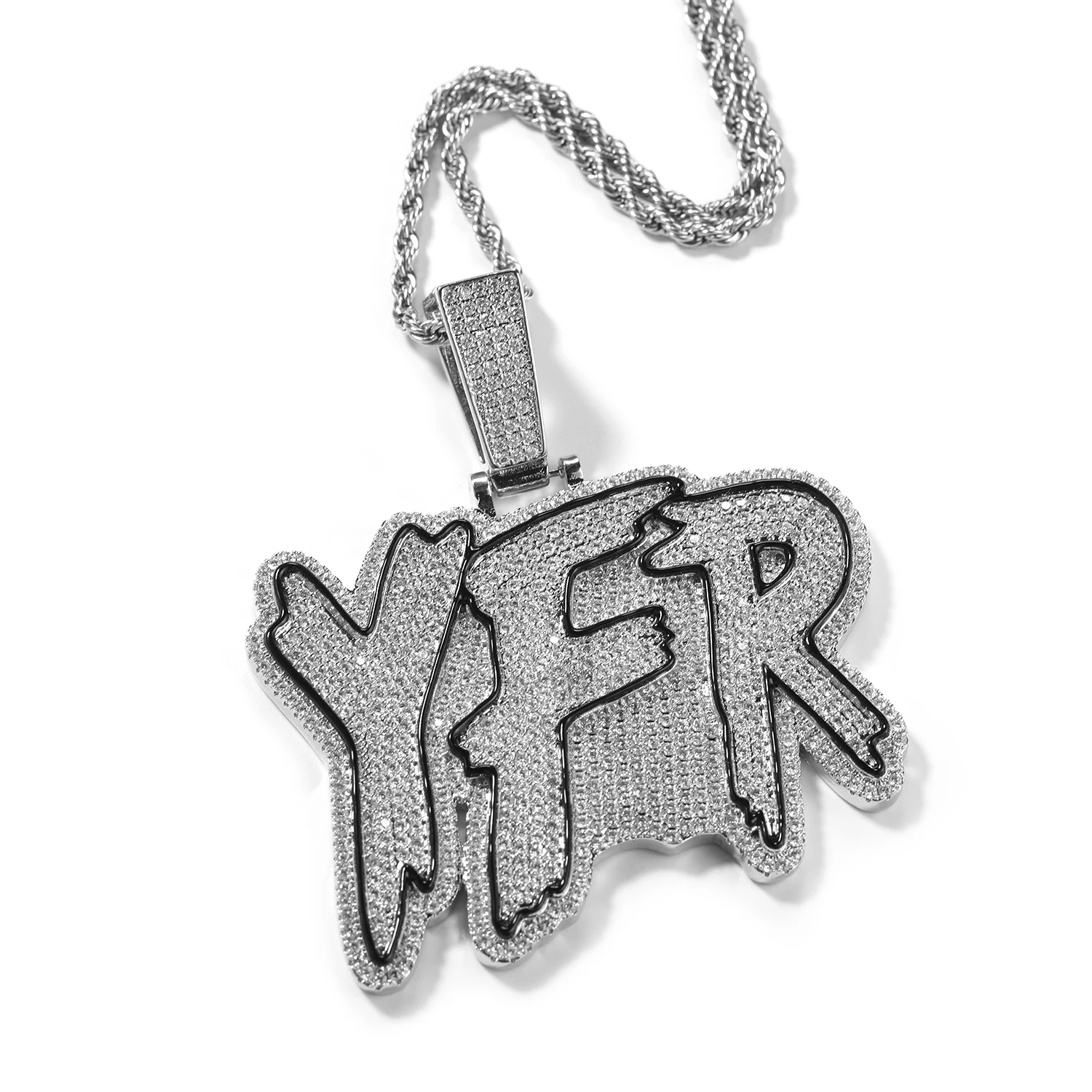 Uwin Iced Out Black Oil YFR Graffiti Letter Pendant Necklace Full Micro Paved CZ Bling Statement Hiphop Jewelry for Party Gift