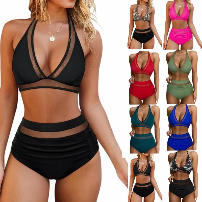 

Women's High Waist Bikini, Sexy Slimming, Conservative Swimsuit, Mesh Stitching, Split, New