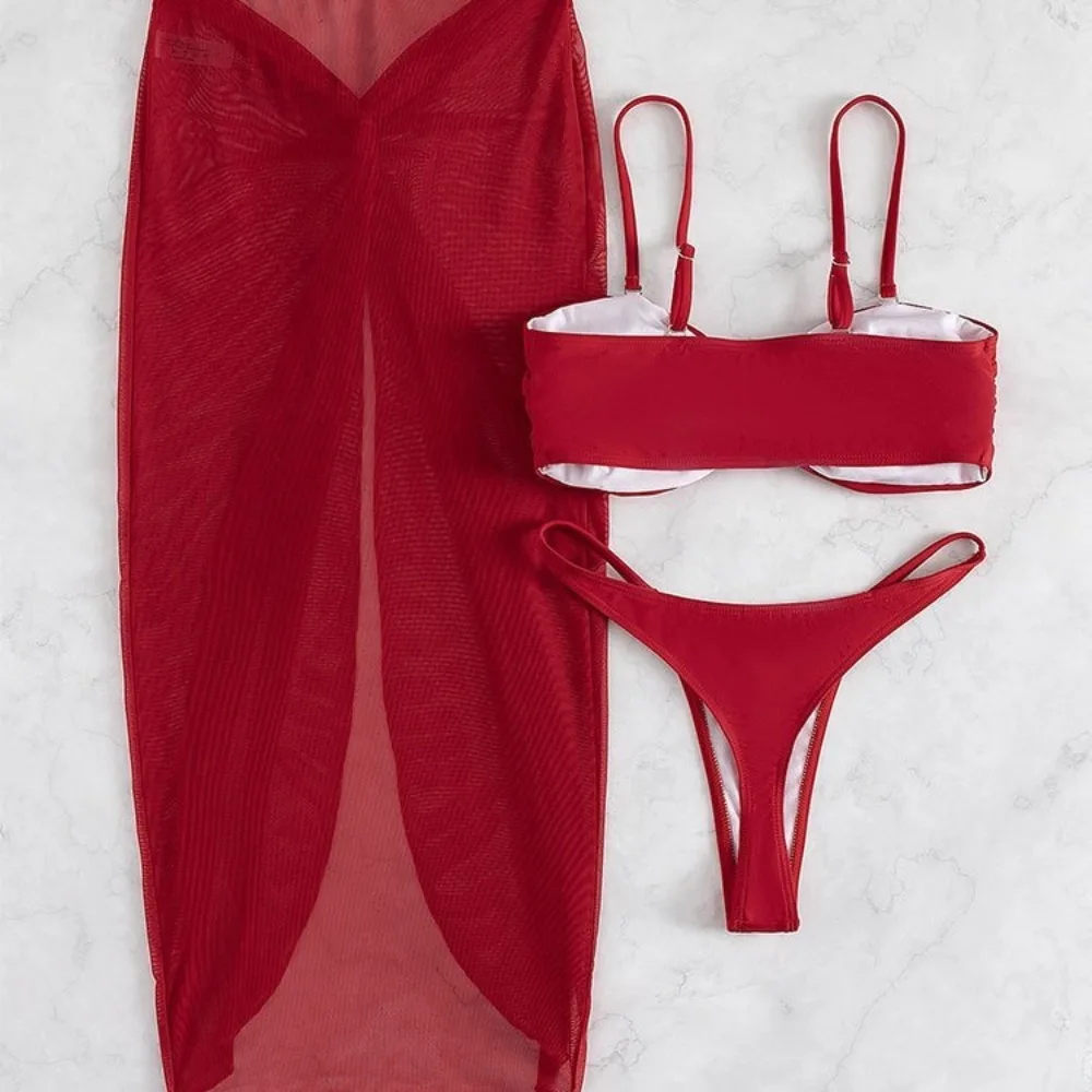 

Европейские и американские купальники, однотонный комплект из трех предметов, U-образный декоративный купальник