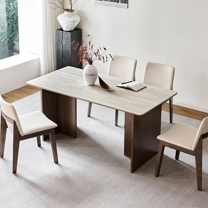 Stone slab dining table, small apartment solid wood walnut rectangular modern simple household