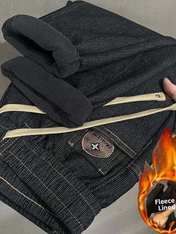 

Новые зимние большие размеры, эластичные джинсовые брюки с эластичной резинкой на талии, мужские повседневные свободные утягивающие длинные брюки Харлан, Fce Lined Th...