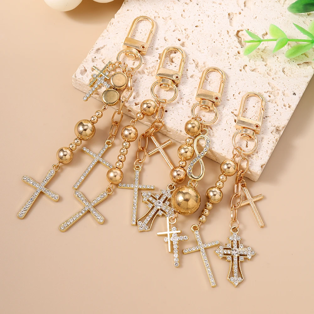الفاخرة حجر الراين الصليب المفاتيح الدينية حلقة رئيسية المعلقات للنساء الفتيات حقيبة يد سحر DIY بها بنفسك اليدوية مفتاح سلسلة الهدايا