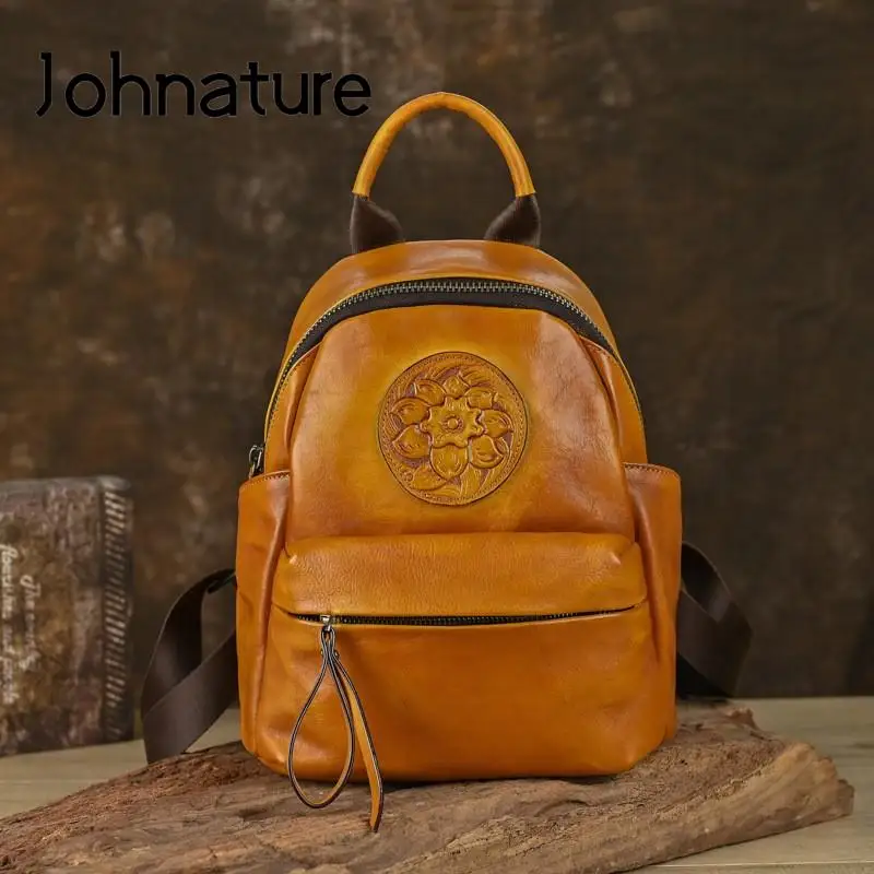 Johnature Ransel Wanita Kulit Asli Retro Tas Timbul Gambar Tangan Ransel Perjalanan Kapasitas Besar Kulit Sapi Asli Lembut