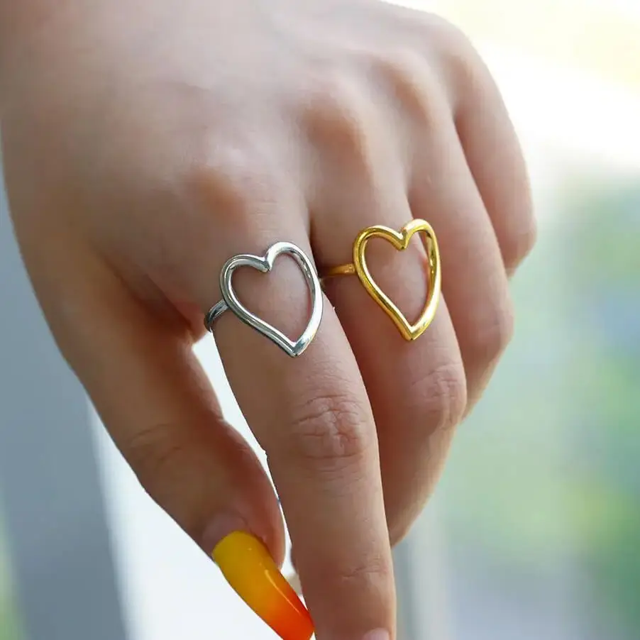 Heart Minimalist Stainless Steel Rings For Women Gold Color Glossy Opening Aesthetic Heart Ring Wedding Party Jewelry Gift BFF