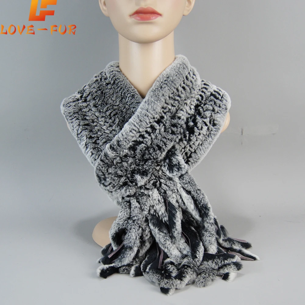 2024 Ladies Warm Natural Rex Rabbit Fur Muffler Girls Knitted Real Fur Scarf New Winter Women Real Rex Rabbit Fur Tassel Scarves