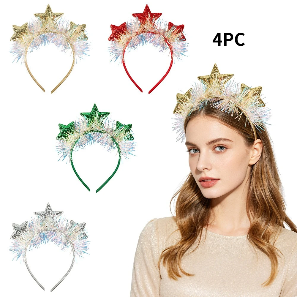 4Pcs Headbands, Glitter Five Pointed Star Foil Fringe Hair Hoop, Hair Accessories for Christmas New Year Birthday, Holiday Decor