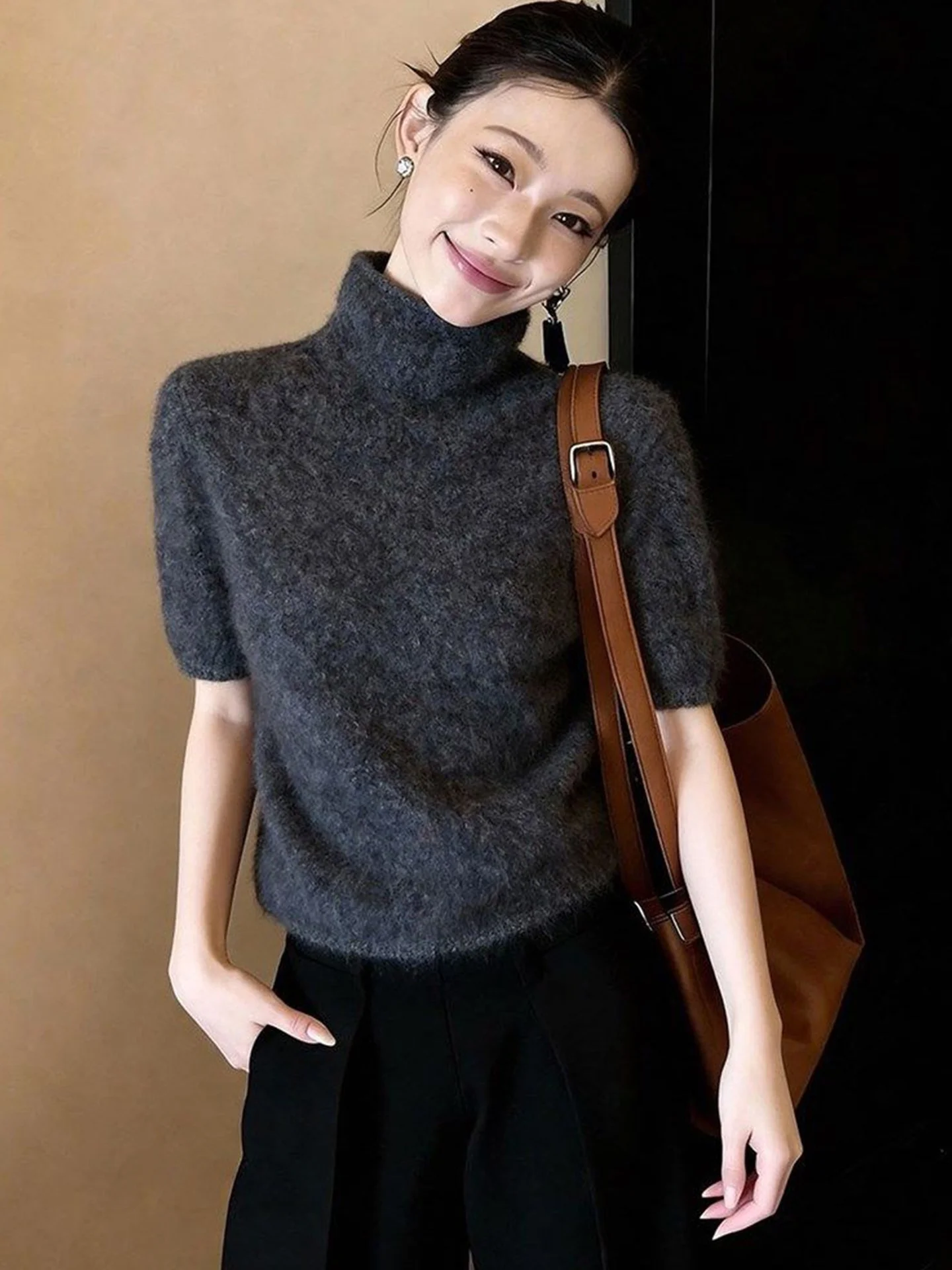 

Korean Style High Collar Short Sleeve Cashmere Knitwear Thick Casual Sweater Commute Early Spring Women's Fashion Premium Qua...