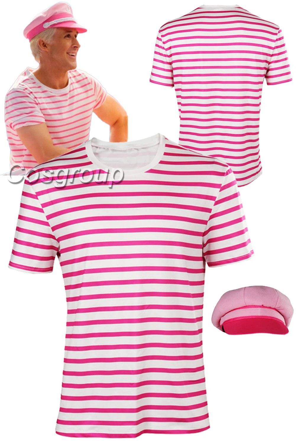 Boyfriend Ken Cosplay Fantasia Cute Pink Striped T Shirt Hat 2023 Movie Barbei Disguise Costume Adult Men Fantasy Halloween