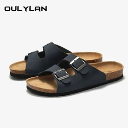 2024 New Unisex 35-45 Men Women Cork Slippers Leather Slippers High Quality Soft Cork Two Buckle Slides Footwear