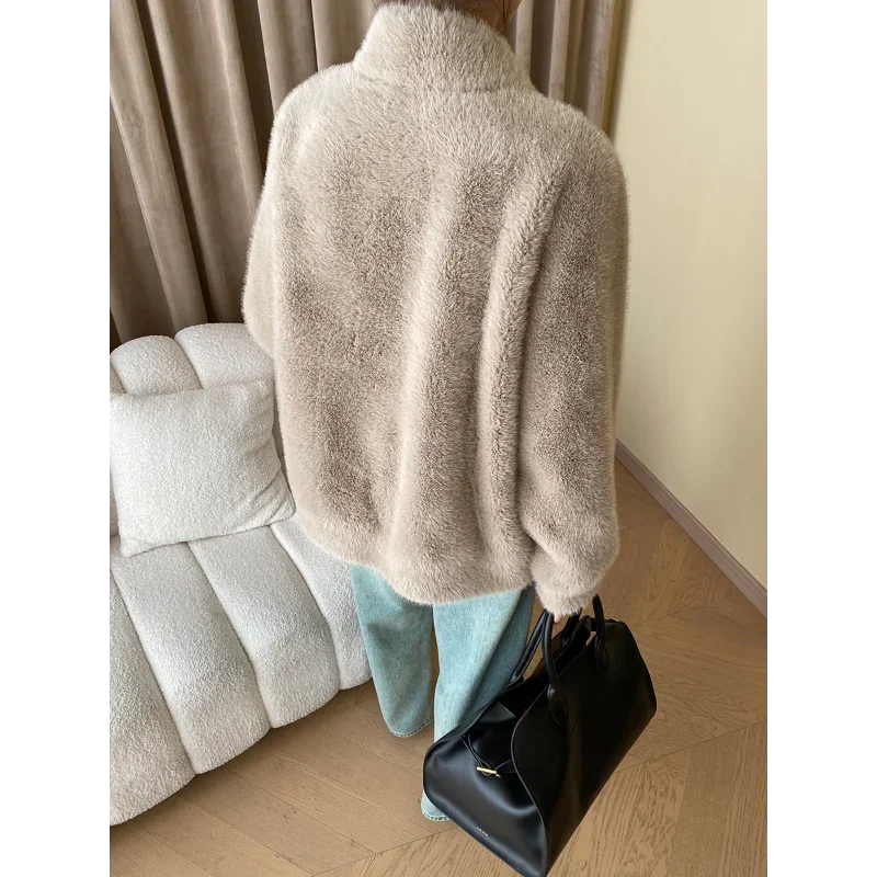 High Quality Casual Stand Collar Fake Fur Jacket Women Fashion Warm Loose Metal Zipper Double Faced Fur Lady Coat Autumn Winter