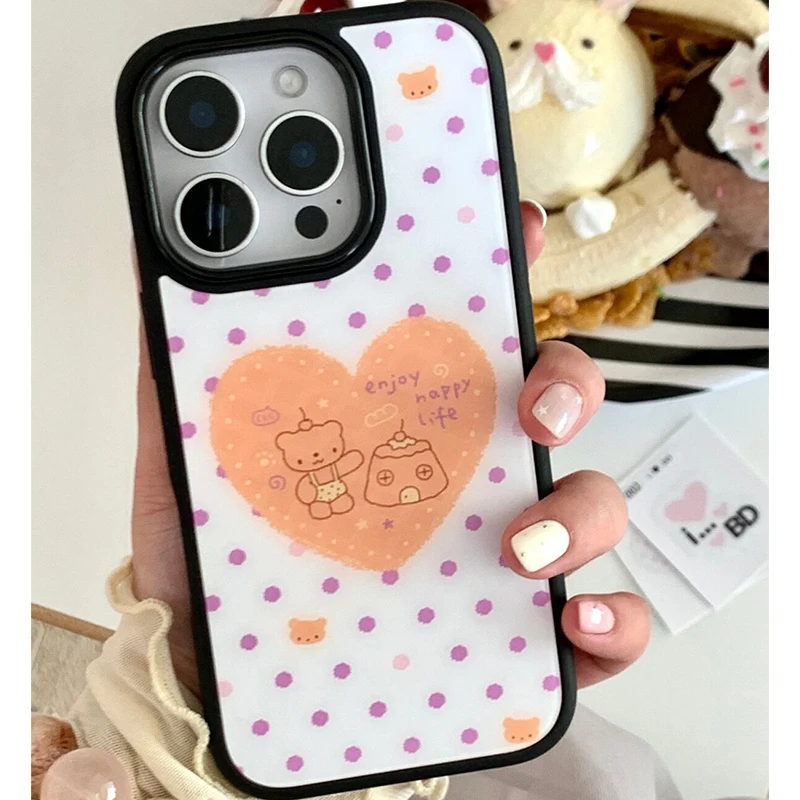 Korean Ins Love Heart Polka Dots Bear Phone Case For iPhone Duo 18 Pro Max 17 16 15 14 13 12 11 Shockproof Silicone Back Cover