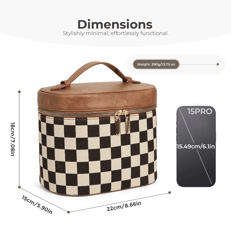 Checkerboard Make Up Bag Retro Luxury Cosmetic Handbag Aesthetic Portable Travel Skincare Organizer Toiletry Bag with Handle