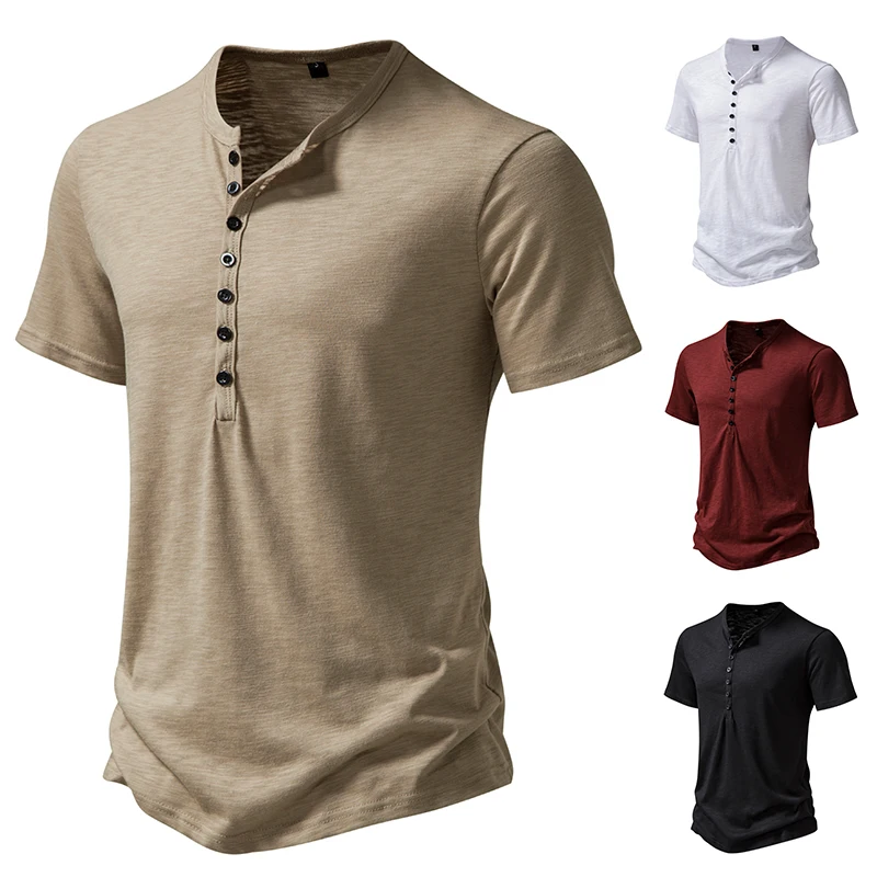 Men's Henley Shirt, Casual Fashion T-shirt, Basic Short Sleeve Top, 100% Cotton Lightweight Tee, Plus Size Camping T-shirt