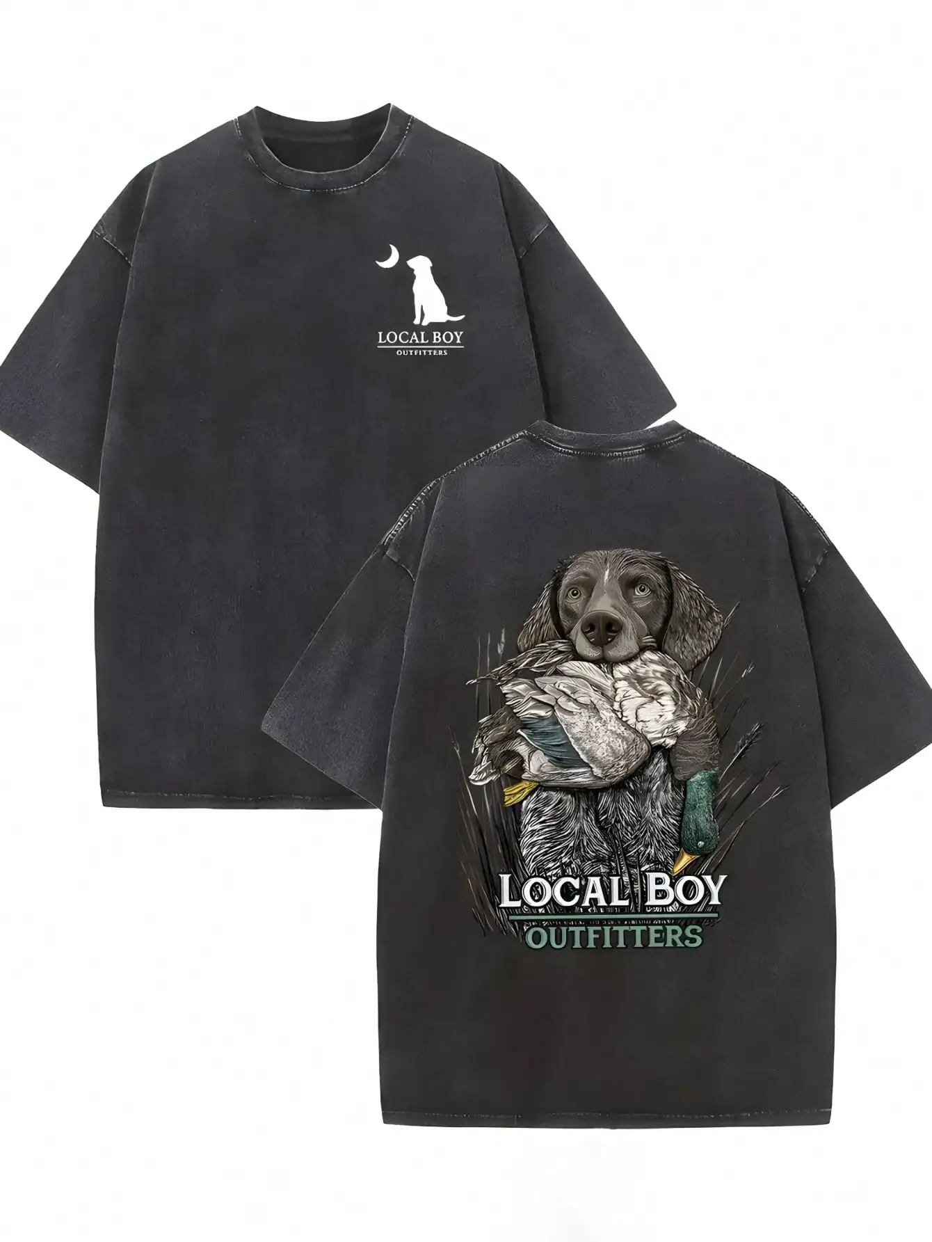 

Men's Loose Fit Graphic T-Shirt with Dog and Duck Print, Washed Cotton, Casual Summer Wear