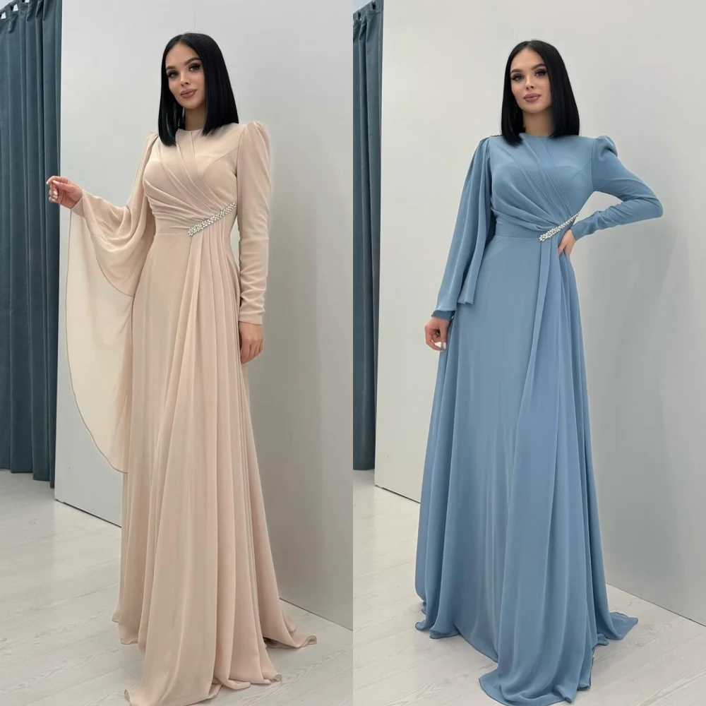 

Customized Sizes Available Exquisite Chiffon Pleat Ruched Draped Beading Sequined A-line Scoop Neck Long Dresses Bespoke Occasio