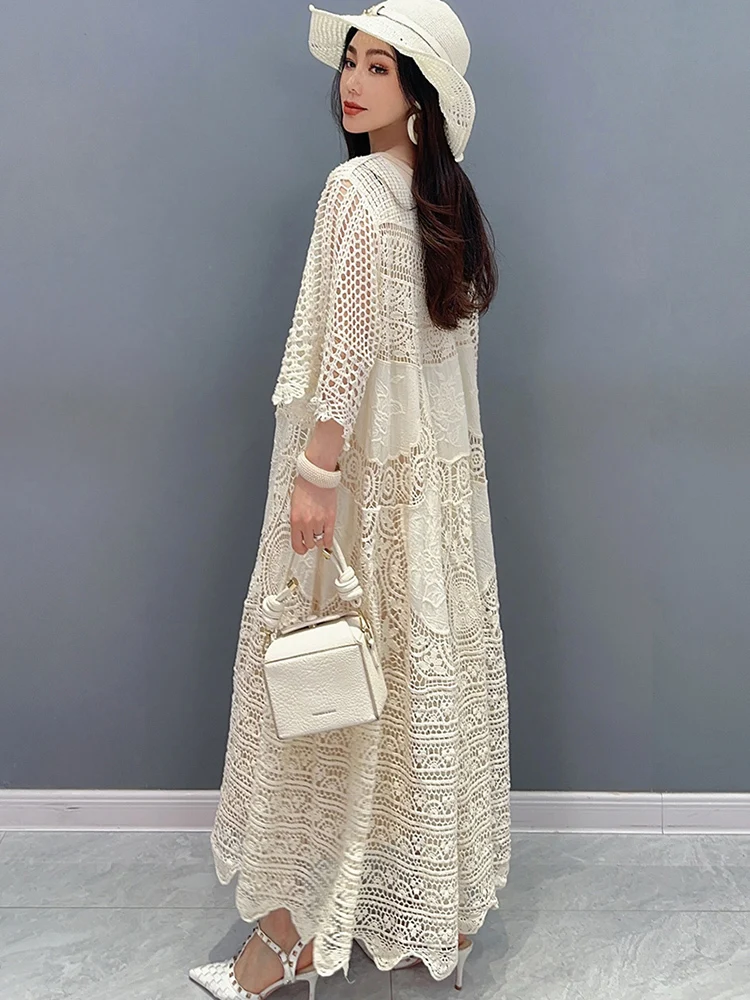 SHENGPALAE Lace Dress With Mid Sleeves Large Hem 2024 Spring Summer New Hollow Out Elegant Lady Fashion Loose Women Robe 5R9579