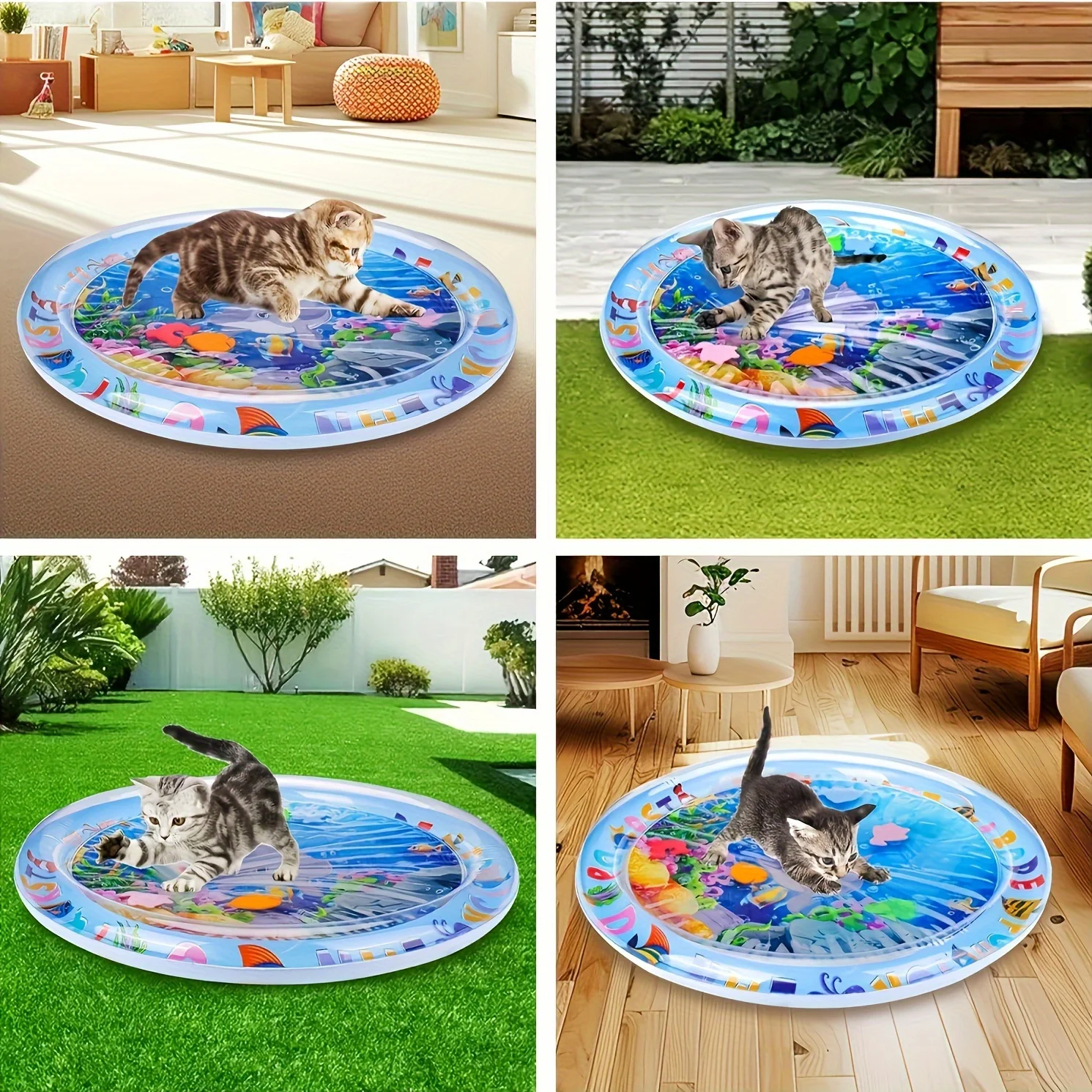 Interactive Cat Water Play Mat Inflatable Splash Pad Ocean Fish Theme Sensory PVC Crawling ของเล่นสําหรับแมวทนทานสัตว์เลี้ยงกิจกรรม Pad